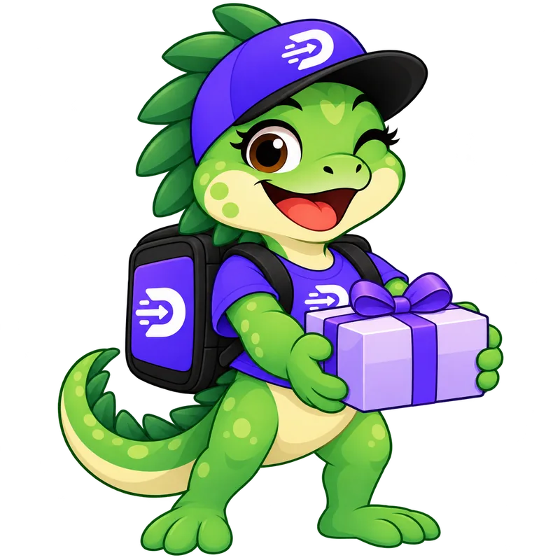 Dely, la mascota de Delivery.Cu, entrega un paquete